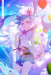  1girl arm_at_side bare_legs blue_eyes blue_hair blue_sky blurry blurry_foreground bracelet breasts clothes_lift cloud cloudy_sky copyright_name crying crying_with_eyes_open day depth_of_field floating floating_hair frilled_skirt frilled_sleeves frills hair_ribbon hand_on_own_chest hatsune_miku heart jewelry light_particles long_hair looking_at_viewer medium_breasts midriff monicanc outdoors ribbon sekiranun_graffiti_(vocaloid) shirt shorts skirt sky smile solo sunlight tears twintails twitter_username vocaloid white_shirt wide_sleeves wind wind_lift 