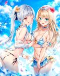  2girls :d ;9 ak-12_(girls_frontline) an-94_(girls_frontline) ass bangs bikini bikini_skirt blonde_hair blue_bikini blue_eyes blue_sky blush braid breasts closed_mouth cloud day eyebrows_visible_through_hair french_braid frilled_bikini frills girls_frontline hairband highres long_hair looking_at_viewer medium_breasts multiple_girls narae navel ocean off_shoulder one_eye_closed open_mouth outdoors red_eyes ribbon shirt side-tie_bikini sidelocks silver_bikini silver_hair sky smile stomach swimsuit thighs very_long_hair wading white_shirt 