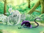  2019 4:3 absurd_res ambiguous_gender amphibian day detailed_background digital_media_(artwork) dragon forest frog fur furred_dragon group hi_res nashiholy outside partially_submerged solo tree water white_fur 