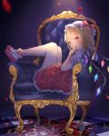  1girl :q armchair bangs black_background blonde_hair bobby_socks bow chair checkered checkered_floor commentary_request crystal eyebrows_visible_through_hair flandre_scarlet hand_up hat hat_bow highres knees_up looking_at_viewer mary_janes miniskirt mob_cap one_side_up petals petticoat puffy_short_sleeves puffy_sleeves red_bow red_eyes red_footwear red_skirt rose_petals shiromi shirt shoes short_hair short_sleeves sitting skirt smile socks solo thighs tongue tongue_out touhou white_headwear white_legwear white_shirt wings 