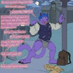  ! ... 1:1 2019 4_toes 5_fingers ? anthro backpack bulge claws clothing comic detailed_background dialogue digital_drawing_(artwork) digital_media_(artwork) english_text expansion felid fur growth hair hi_res jacket jockstrap koorivlf lamp male mammal moon muscle_growth muscular night open_mouth pantherine pants penis_outline purple_fur solo speech_bubble teeth text toes tongue tongue_out topwear transformation tree underwear undressing 