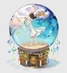  1girl absurdres barefoot blue_sky brown_hair cloud dress facing_away fish flower glass hat hat_removed headwear_removed highres hisao_0111 holding holding_flower night night_sky original sky snow_globe solo standing straw_hat sunflower white_dress wind_chime 