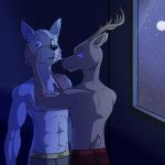  1:1 anthro beastars canid canine canis cervid clothed clothing duo fuze hi_res legosi_(beastars) louis_(beastars) male male/male mammal navel nipples romantic topless wolf 