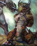 angry animal_genitalia anthro balls blonde_hair blood bound brown_fur chain chained charr collar detailed_background digital_media_(artwork) esperpenta fangs felid fur guild_wars hair hi_res horn kneeling leash looking_at_another male mammal mane metal_collar muscular muscular_male muzzle_(object) muzzled nude outside penis raining ru_the_charr sheath sitting slave snarling striped_body submissive_male teeth video_games water wet wind wounded 