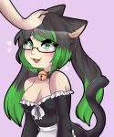  &lt;3 2018 animal_humanoid apron bell_collar blush breasts cat_humanoid cleavage clothed clothing collar cute_fangs disembodied_hand duo eyewear felid felid_humanoid feline feline_humanoid female glasses green_eyes hair humanoid kirarifox long_hair maid_uniform mammal mammal_humanoid multicolored_hair open_mouth petting pigtails simple_background smile solo_focus tharkis two_tone_hair uniform 