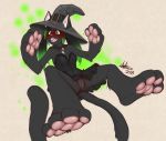  2018 anthro antiroo bell_collar big_feet big_hands blush breasts clothing collar domestic_cat dress eyewear felid feline felis female glasses hat headgear headwear implied_transformation magic mammal open_mouth pawpads pigtails pussy simple_background solo tharkis witch_hat 