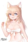  1girl :d animal_ear_fluff animal_ears bangs bare_arms bare_shoulders bikini blue_eyes blush breasts cat_ears character_request cleavage collarbone commentary_request dokomon eyebrows_visible_through_hair fang front-tie_top girls_frontline hair_between_eyes hand_up highres korean_commentary light_brown_hair long_hair looking_at_viewer medium_breasts mossberg_500_(girls_frontline) navel open_mouth side-tie_bikini simple_background skindentation smile solo swimsuit very_long_hair white_background white_bikini 