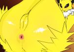 2019 anthro anus big_butt blush butt canid canine chest_tuft digital_media_(artwork) eeveelution female fur hair hi_res jolteon looking_at_viewer lying mammal neck_tuft nintendo nude on_back ownychan pok&eacute;mon pok&eacute;mon_(species) pussy simple_background smile solo tuft video_games white_fur yellow_fur 