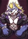  abs absurd_res anthro biceps blue_eyes blue_fur bottomwear canid canine canis clothed clothing colar fenrir_(housamo) fur hi_res istani male mammal multicolored_fur muscular muscular_male pecs solo tokyo_afterschool_summoners tongue tongue_out two_tone_fur video_games white_fur wolf 