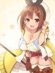  1girl :d atelier_(series) atelier_ryza bangs belt beret black_ribbon blush breasts brown_belt brown_eyes brown_gloves brown_hair cleavage commentary_request dress eyebrows_visible_through_hair gloves hair_ornament hairclip hand_up hat holding jewelry large_breasts leaning_forward leather_belt long_sleeves looking_at_viewer necklace open_mouth pouch red_shorts reisalin_stout ribbon round_teeth sasakura_momiji short_shorts shorts single_glove skindentation smile solo star star_necklace teeth thigh_gap thigh_pouch thighhighs thighs upper_teeth white_dress white_headwear white_legwear 