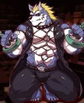 abs anthro biceps bottomwear bound canid canine canis chain clothed clothing fenrir_(housamo) hi_res istani male mammal muscular muscular_male open_jacket pecs pubes solo tokyo_afterschool_summoners video_games wolf 