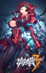  1girl armor bodysuit cable cleavage_cutout commentary_request copyright_name crotch_plate gloves headset highres honkai_(series) honkai_impact_3rd logo mecha_musume mechanical_arm murata_himeko murata_himeko_(scarlet_fusion) neon_trim official_art open_mouth power_armor power_suit red_armor red_hair shiny shiny_clothes short_hair shoulder_armor skin_tight solo teeth vambraces visor xiaoxiaodao 