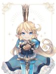  &gt;:) 1girl bangs blonde_hair blue_dress blue_eyes blush charlotta_fenia closed_mouth commentary_request crown dress eyebrows_visible_through_hair frilled_dress frills gauntlets granblue_fantasy hair_between_eyes hands_on_hilt harvin long_hair mini_crown pointy_ears puffy_short_sleeves puffy_sleeves shield short_sleeves smile smug solo sparkle sword umumumumu v-shaped_eyebrows very_long_hair weapon 