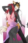  anthro canid canine clothed clothing duo felid feline female hi_res kittentits looking_at_viewer male mammal nipple_outline open_mouth smile standing wide_hips 
