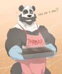  2019 anthro apron blush bulge clothing english_text giant_panda hi_res humanoid_hands male mammal moobs nipples one_eye_closed rubberbuns solo text unclealeix ursid wink 