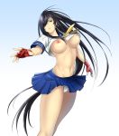  1girl bangs black_hair blue_background blue_eyes blue_skirt breasts crop_top earrings fingerless_gloves fingernails gloves gradient gradient_background hair_over_one_eye hand_up highres ikkitousen jewelry kan&#039;u_unchou large_breasts light_smile lips long_hair looking_at_viewer magatama magatama_earrings midriff miniskirt navel neckerchief nipples nyatokanyaru panties parted_lips pleated_skirt red_gloves school_uniform shiny shiny_hair shiny_skin short_sleeves simple_background skirt solo stomach underwear very_long_hair white_background yellow_neckwear 