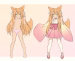  1girl :&lt; animal_ear_fluff animal_ears bangs bare_legs bare_shoulders barefoot black_collar blush bow brown_background brown_hair closed_mouth collar collarbone commentary_request detached_sleeves eyebrows_visible_through_hair flower fox_ears fox_girl fox_shadow_puppet fox_tail frilled_skirt frills gradient gradient_background green_eyes hair_between_eyes hand_on_hip hand_up highres japanese_clothes kimono long_hair long_sleeves miko multiple_views navel original panties pink_background pink_bow pink_flower pink_footwear pink_skirt pink_sleeves pleated_skirt ribbon-trimmed_legwear ribbon_trim sasakura_momiji shoes skirt sleeveless sleeveless_kimono striped striped_panties tail thighhighs topless twintails underwear underwear_only v-shaped_eyebrows very_long_hair white_kimono white_legwear wide_sleeves 