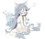  1girl :d animal_ear_fluff animal_ears bangs bare_shoulders blue_footwear blue_gloves blue_hair blush chromatic_aberration closed_eyes commentary_request dog_ears dog_girl dog_tail eyebrows_visible_through_hair fang fenrir_(shingeki_no_bahamut) gloves gorirago granblue_fantasy hair_between_eyes highres long_hair open_mouth paw_gloves paw_shoes paws shadow shingeki_no_bahamut shoes simple_background sitting sketch smile solo tail very_long_hair white_background wolf_ears wolf_tail 