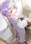  1girl alternate_hairstyle apron blurry blush cooking daidou_(demitasse) depth_of_field from_above hair_up highres holding holding_plate indoors japanese_clothes kappougi kimono looking_at_viewer looking_back looking_up open_mouth perspective plate pot purple_eyes purple_hair saucer short_hair slippers socks solo stove vocaloid voiceroid yuzuki_yukari 