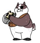  2019 anthro badger badgerclops belly eye_patch eyes_closed eyewear food humanoid_hands male mammal mao_mao_heroes_of_the_pure_heart mustelid musteline sandwich_(food) simple_background slightly_chubby solo toonclyde white_background 