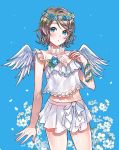  angel_wings blue_background blue_eyes blush bow flower grey_hair hand_on_own_chest head_wreath hyugo hyugo_nim love_live! love_live!_sunshine!! navel open_mouth shirt skirt stomach watanabe_you white_shirt white_skirt wings 