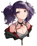  1girl :&lt; bangs body_writing breasts choker cleavage closed_mouth collarbone diagonal_bangs earrings highres idolmaster idolmaster_shiny_colors jewelry looking_at_viewer medium_breasts mossi multiple_earrings off_shoulder purple_eyes purple_hair simple_background solo tanaka_mamimi tsurime twintails upper_body white_background 