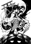  black_hair blackcat_(pixiv) dated detached_sleeves dot_nose genjii gohei greyscale hair_tubes hakama hakurei_reimu hakurei_reimu_(pc-98) japanese_clothes long_hair looking_at_viewer monochrome pants sandals smile tabi temple_gate tied_hair touhou touhou_(pc-98) tsurime turtle_shell waraji wide_sleeves yin_yang yin_yang_orb 