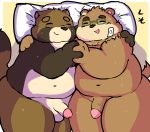  2019 after_sex anthro balls bed belly brown_fur canid canine duo eyes_closed eyewear flaccid fur glasses gyobu hand_holding hi_res hug humanoid_hands humanoid_penis kusosensei male male/male mammal moobs navel overweight overweight_male penis pillow raccoon_dog scar tanuki tokyo_afterschool_summoners ursid video_games volos 