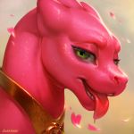  &lt;3 1:1 collar dragon eyelashes female flower_petals green_eyes half-closed_eyes levelviolet looking_at_viewer open_mouth open_smile petals pink_scales red_tongue saliva scales simple_background smile solo tan_background tongue tongue_out 