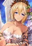  1girl bare_shoulders blonde_hair blue_eyes blush breasts cleavage closed_mouth collarbone column dress europa_(granblue_fantasy) eyebrows_visible_through_hair flower granblue_fantasy hair_between_eyes hair_flower hair_ornament highres kanzaki_kureha large_breasts looking_at_viewer pillar purple_flower purple_rose rose short_hair smile solo strapless strapless_dress tiara white_dress white_flower 