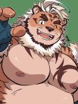  2019 41raco anthro belly felid green_background hi_res hombretigre humanoid_hands male mammal moobs nipples one_eye_closed overweight overweight_male pantherine simple_background solo tiger tokyo_afterschool_summoners video_games wink 