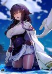  1boy 1girl azuma_(azur_lane) azur_lane blurry blurry_background bra breasts cowboy_shot crotch_seam day depth_of_field eyebrows_visible_through_hair flower gloves hair_flaps hair_flower hair_ornament half_gloves han-0v0 jacket_on_shoulders large_breasts long_hair orange_eyes outdoors panties panties_under_pantyhose pantyhose purple_gloves purple_hair see-through sidelocks skirt skirt_lift smile solo_focus underbust underwear wading weibo_username white_bra white_gloves white_panties 