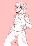  2016 5_fingers anthro breasts citrinelle clothed clothing digital_media_(artwork) ear_piercing ear_ring felid female fur hair hi_res machairodontine mammal midriff navel piercing pink_background simple_background smile solo spots spotted_fur standing 