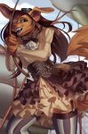  anthro canid canine clothed clothing ear_piercing female fur garter_straps hair hi_res kuroame mammal open_mouth outside piercing smile solo 