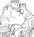  2019 anthro belly bottomwear bulge clothing felid hi_res hombretigre laohu male mammal moobs navel overweight overweight_male pantherine shorts solo teeth tiger tokyo_afterschool_summoners video_games 