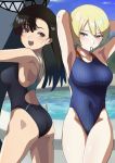  2girls armpits ass back_cutout bangs bare_shoulders black_hair blonde_hair blue_eyes blush breasts brown_eyes cloud collarbone covered_navel darjeeling eyebrows_visible_through_hair from_behind girls_und_panzer hair_tie hair_tie_in_mouth hand_behind_head kiya_hajime long_hair looking_at_another mouth_hold multiple_girls nishi_kinuyo one-piece_swimsuit open_mouth pool pool_ladder poolside sky smile swimsuit thighs tied_hair water 