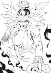  1girl absurdres belt breasts claws deathwingxiii demon_girl genderswap gouki greyscale highres large_breasts licking_lips medium_hair monochrome muscle muscular_female one_eye_closed road rope_belt sharp_teeth shiny shiny_skin smile smoke solo street street_fighter teeth tied_hair tongue tongue_out upper_body upper_teeth 