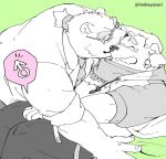  2019 anthro blush canid canine canis clothing cu_sith_(tas) domestic_dog duo eyes_closed eyewear glasses green_background humanoid_hands inabayasuri kissing leib_(tas) male male/male mammal overweight overweight_male pants polar_bear scarf shirt simple_background sitting tokyo_afterschool_summoners topwear ursid ursine video_games 