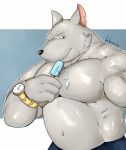  anthro belly biceps big_biceps big_muscles big_pecs black_nose chococlass clock clothed clothing dessert food fur ice_cream looking_at_viewer male melting musclegut muscular muscular_male pecs pose simple_background slightly_chubby solo watch white_fur 