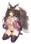  1girl :d animal_ear_fluff animal_ears black_legwear black_panties blush bow breasts brown_hair cleavage collarbone collared_shirt eto_(nistavilo2) fang fox_ears fox_girl fox_tail green_eyes highres jacket kitsune large_breasts long_hair looking_at_viewer multiple_tails navel no_bra no_pants no_shoes open_clothes open_jacket open_mouth open_shirt original panties pink_bow pink_jacket plushmallow seiza shirt simple_background sitting smile solo stomach striped striped_legwear tail thighhighs thighs twintails underwear white_background white_shirt 