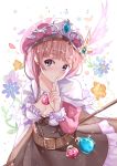  1girl absurdres atelier_(series) atelier_rorona black_bow blue_eyes bow breasts brown_hair capelet cleavage eyebrows_visible_through_hair hair_between_eyes hat highres jewelry looking_at_viewer medium_breasts necklace rororina_fryxell scarlet_dango short_hair solo upper_body white_background white_capelet white_feathers 