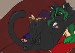  2018 anthro big_breasts book breasts chest_tuft domestic_cat eyewear felid feline felis female foxboy83 glasses green_eyes hair hand_behind_head mammal multicolored_hair nipples nude pawpads pigtails pillow pussy reading sitting smile sofa solo tharkis tuft two_tone_hair 