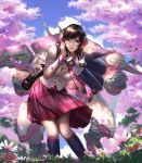  1girl academy_d.va animal_print bag bandaid_on_arm bangs bespectacled blurry blurry_background bracelt braid brown_eyes brown_hair bunny_print cherry_blossoms d.va_(overwatch) day facial_mark glasses headphones highres leaning_forward liang_xing long_hair looking_at_viewer meka_(overwatch) necktie outdoors overwatch petals school_uniform shirt signature skirt solo swept_bangs twin_braids whisker_markings white_shirt wind 
