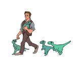  2d_animation 5:4 ambiguous_gender animated biped black_eyes carrying chris_pratt clothed clothing cub dinosaur dromaeosaurid feral fully_clothed green_scales group human jurassic_park jurassic_world larger_human larger_male looking_down loop male mammal mature_male owen_grady reptile scales scalie simple_background size_difference smaller_ambiguous smaller_feral smile theropod universal_studios walking white_background willow-s-linda young 