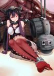  1girl arm_support bare_shoulders black_hair boots breasts cleavage elbow_gloves fingerless_gloves gloves hair_between_eyes highres kantai_collection large_breasts long_hair looking_at_viewer midriff nagato_(kantai_collection) red_eyes rigging shijie_jianfa skirt smile solo thigh_boots thighhighs thighs turret white_skirt 