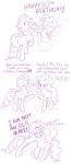  2019 birthday cake comic cutie_mark dialogue dstears english_text equid female feral food friendship_is_magic hair hi_res horn magic mammal monochrome my_little_pony pinkie_pie_(mlp) rarity_(mlp) simple_background solo surprise text unicorn white_background 
