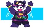  2019 alp_(tas) anthro belly blush bottomwear clawzetto clothing cute_fangs english_text eyes_closed fur giant_panda hat headgear headwear male mammal purple_fur shirt shorts slightly_chubby solo text tokyo_afterschool_summoners topwear ursid video_games 