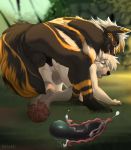  2019 anal anthro anthro_on_anthro balls black_fur black_nose canid canine canis cypherwolf day detailed_background digital_media_(artwork) domestic_dog fur hi_res male male/male mammal nitani open_mouth outside penis sex teeth tongue white_fur 