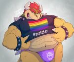  anthro belly bowser bracelet bulge clothing collar front_view hair horn jewelry koopa looking_at_viewer male mario_bros midriff navel nintendo pride_(disambiguation) red_eyes red_hair reptile scalie sharp_teeth shirt skaifox slightly_chubby smile solo spiked_bracelet spiked_collar spikes teeth thong topwear video_games 