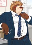  2019 anthro brown_fur bulge canid canine clothing cute_fangs detailed_background fur hi_res humanoid_hands male mammal necktie pants raccoon_dog ryuta-h shirt slightly_chubby solo tanuki topwear 